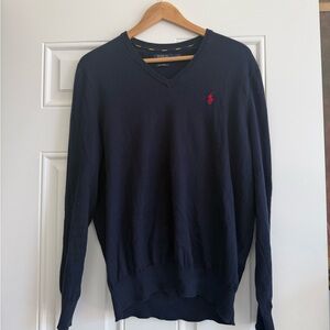 Ralph Lauren Navy V-Neck Sweater with Red Pony Embroidery